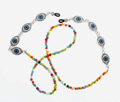 Evil Blue Eye Glass Chain with Multi-Colored Beads, made in USA, each