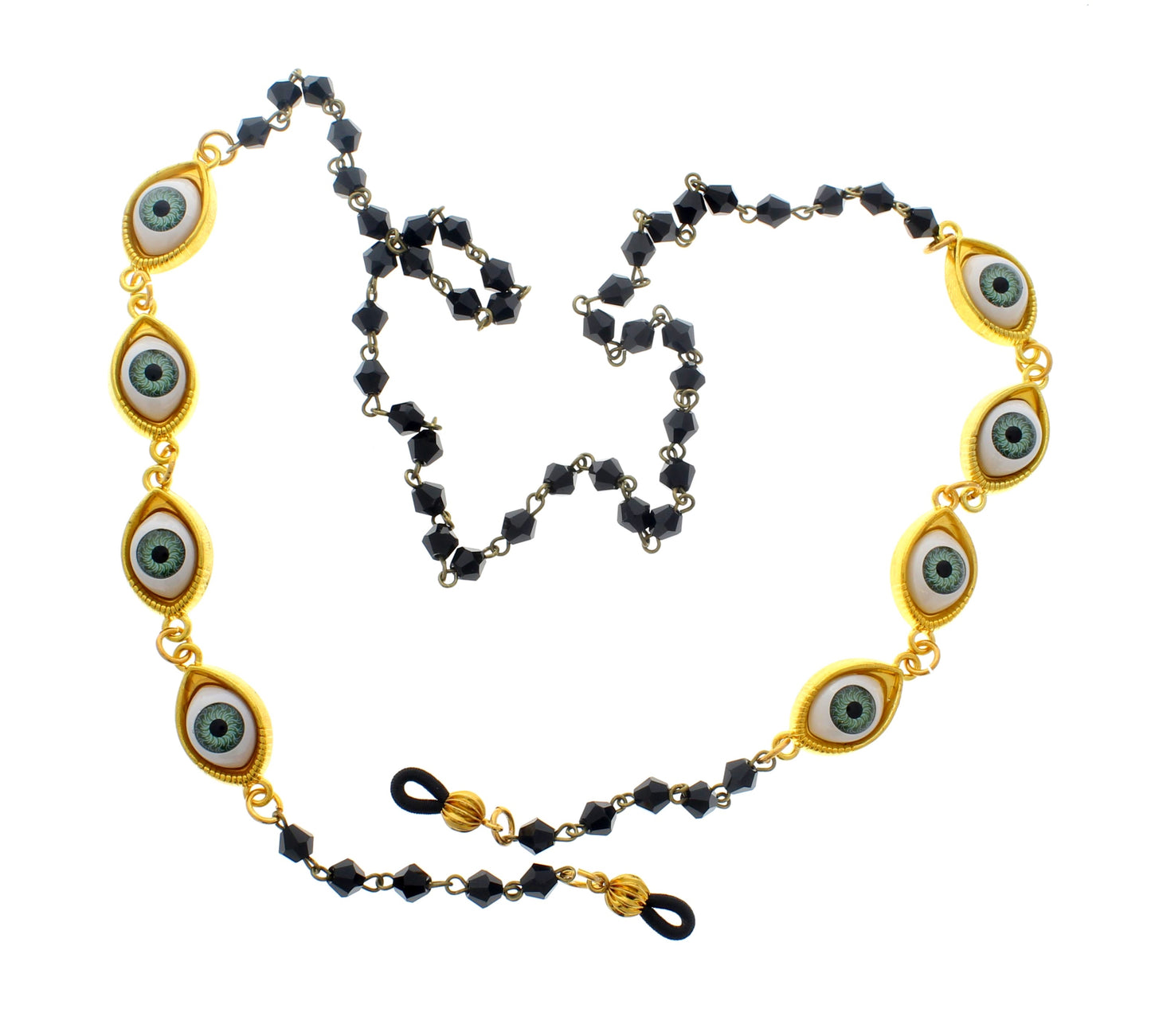 Evil Green Eye Glass Chain with black faceted beads, made in USA, each