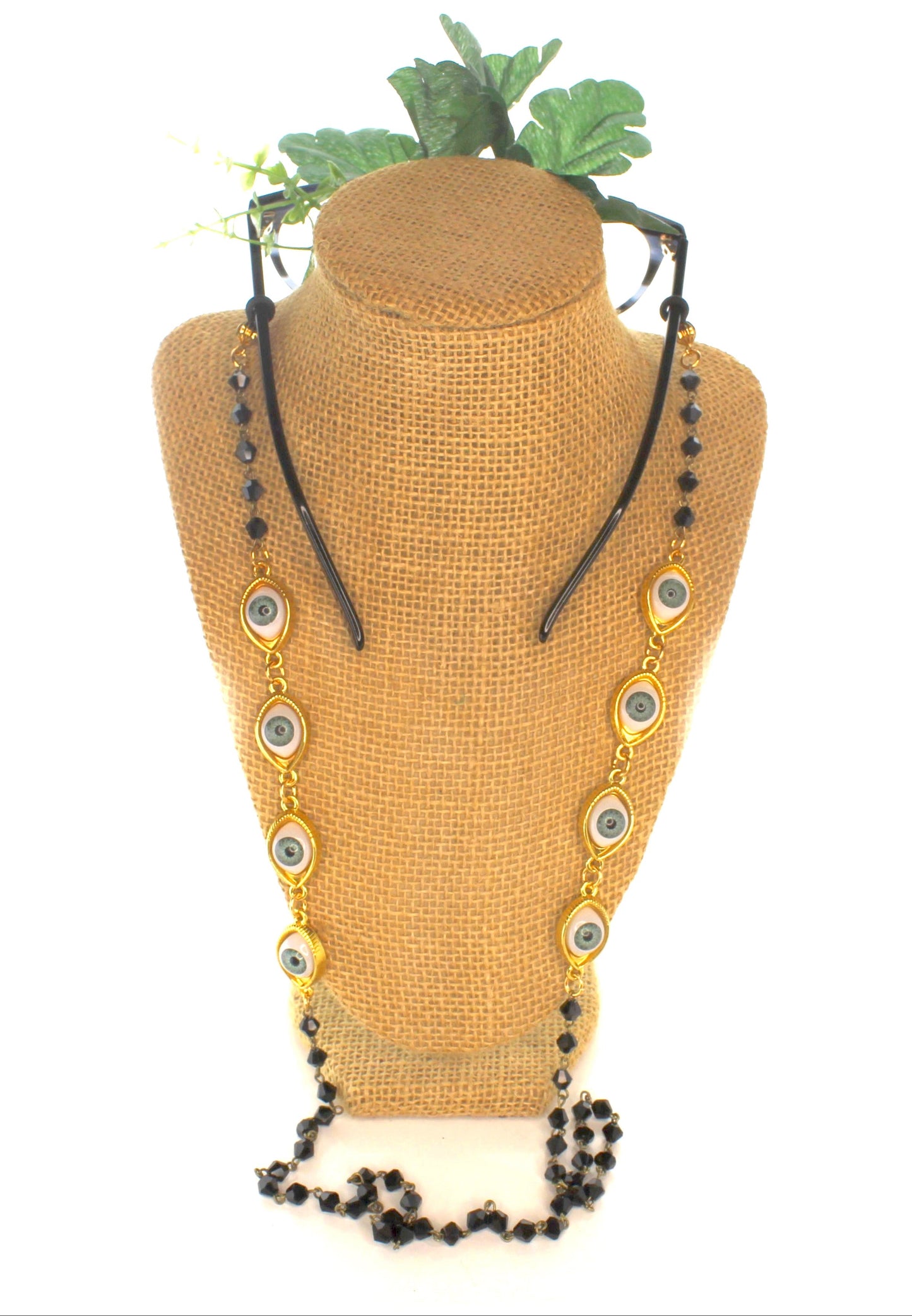 Evil Green Eye Glass Chain with black faceted beads, made in USA, each