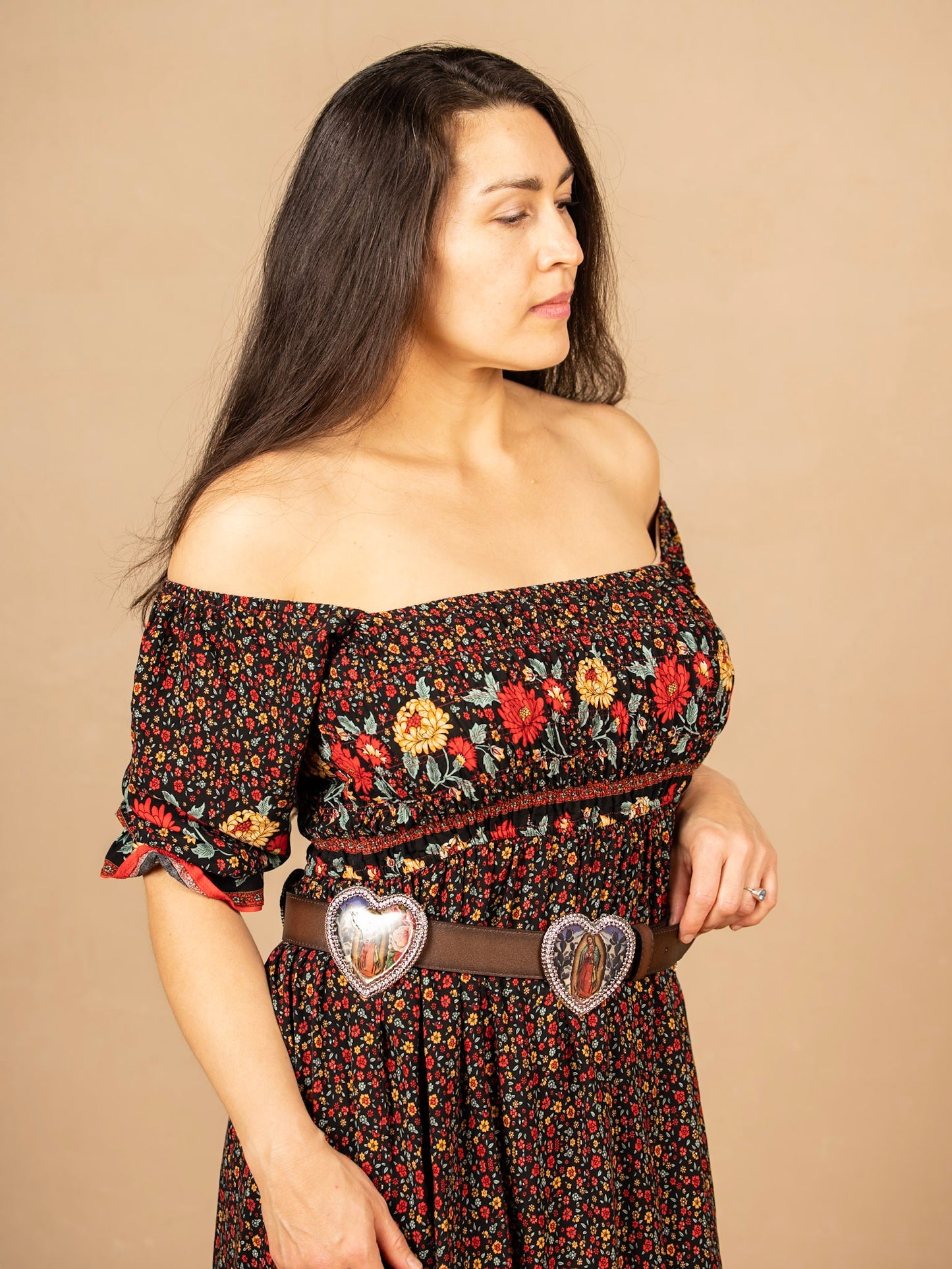 Virgin de Guadelupe Concho Icon Leather Belt, vintage images on 5 heart conchos with crystal, HandMade in USA