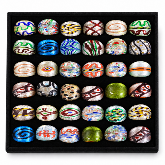 Murano Style Glass Rings 36 Piece Set in Display Tray, assorted sizes