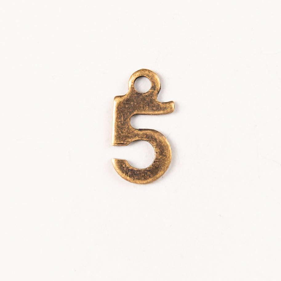 9mm #5 CHARM, Antique Gold, Classic Silver Metal Stamping, pk/6