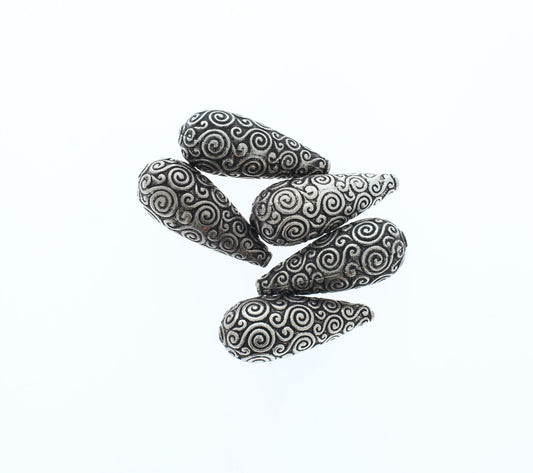 40mm x 16mm Antique Silver Swirl Teardrop Beads, pack of 6