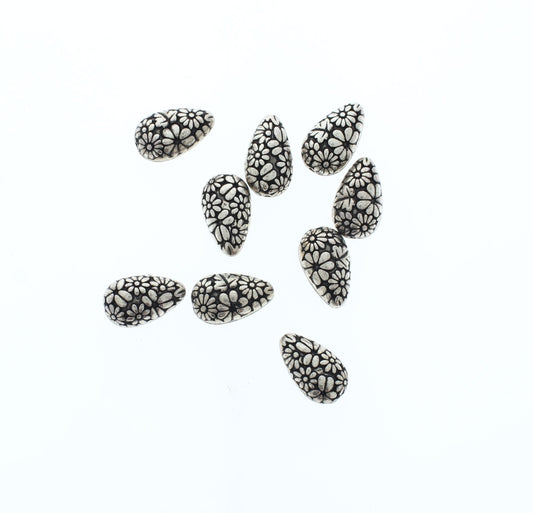 17mm x 10mm Antique Silver Floral Teardrop Beads, pack of 18