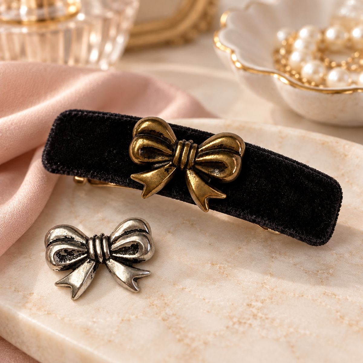 Metal Bow Embellishments – Antique Silver or Antique Brass – Flat-Back Ribbon Bow Findings for Jewelry, Barrettes and Crafts