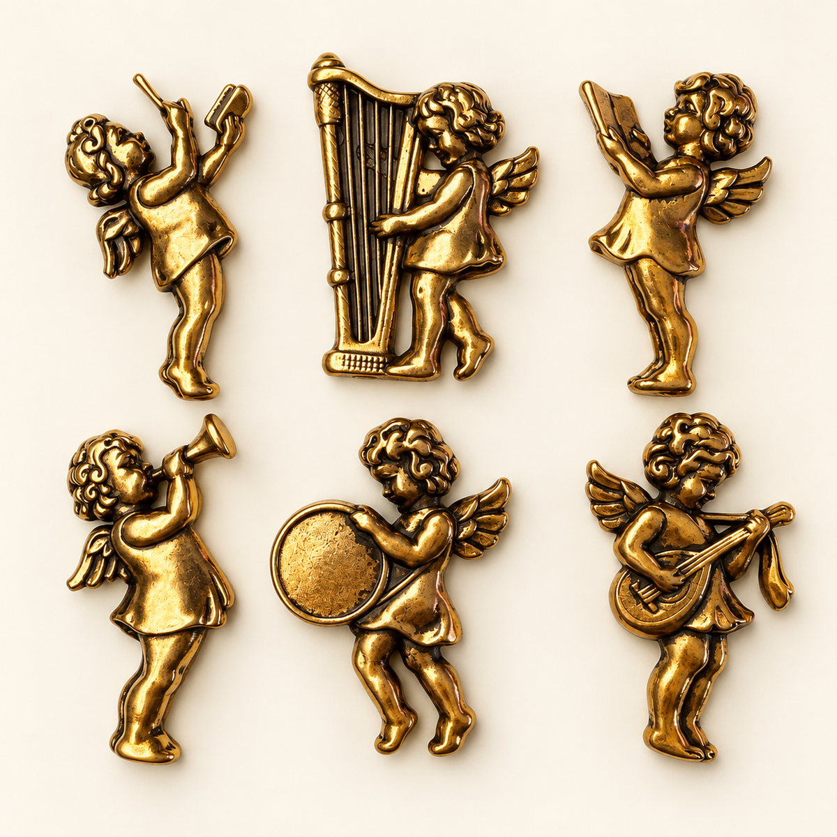 Musical Angel Embellishments, Set of 6, Antique Gold Tone Cherubs for Christmas Crafts, Ornaments & Assemblage