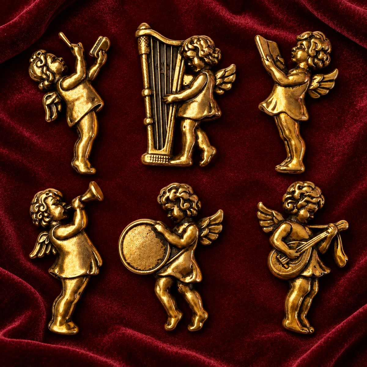 Musical Angel Embellishments, Set of 6, Antique Gold Tone Cherubs for Christmas Crafts, Ornaments & Assemblage