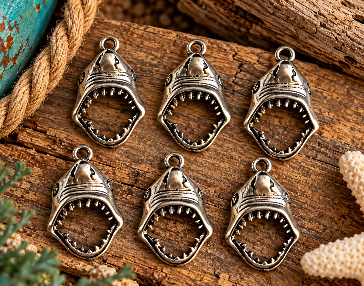 Shark Head Charms – Antique Silver Tone – Open Mouth Shark Pendants – Ocean Jewelry Making Supplies – Pack of 6