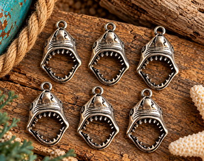 Shark Head Charms – Antique Silver Tone – Open Mouth Shark Pendants – Ocean Jewelry Making Supplies – Pack of 6