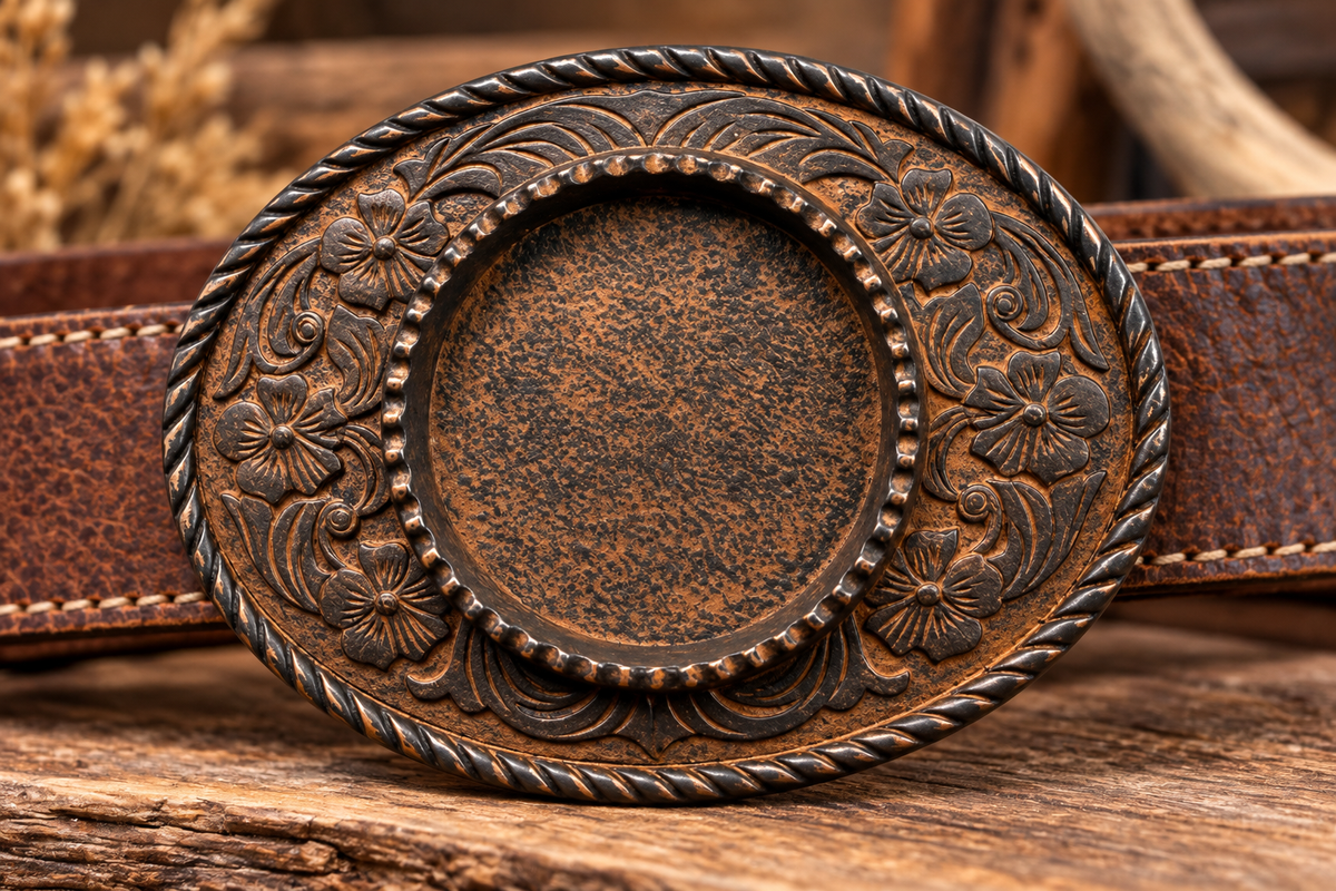 66mm x 91mm Western Floral Belt Buckle – Blank Oval Buckle in Antique Silver & Gold, made in USA, each