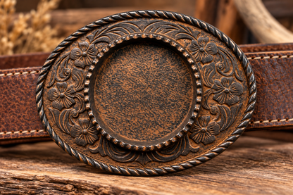 66mm x 91mm Western Floral Belt Buckle – Blank Oval Buckle in Antique Silver & Gold, made in USA, each