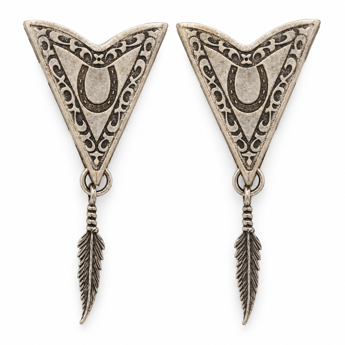 Horseshoe Collar Tips with feather charm, antique silver, Made in USA, 1 pair  (CT-02590)