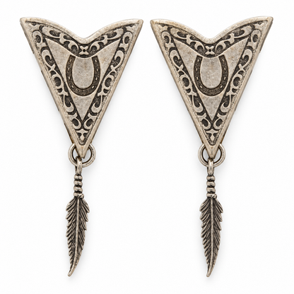 Horseshoe Collar Tips with feather charm, antique silver, Made in USA, 1 pair  (CT-02590)