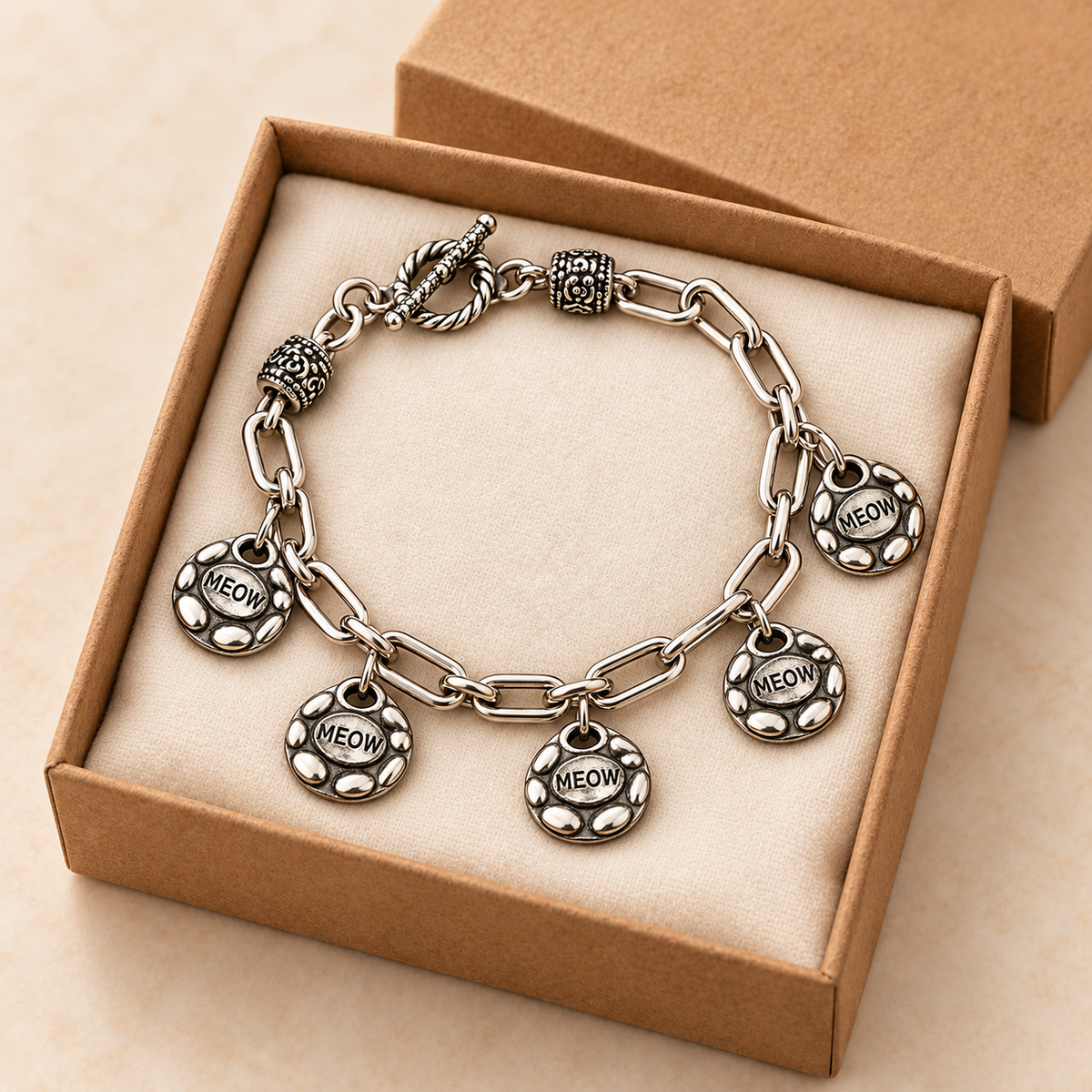 MEOW Charm Bracelet, Silver Tone Paperclip Chain, Five Cat Lover Charms, Decorative Toggle Clasp, Gift for Cat Mom