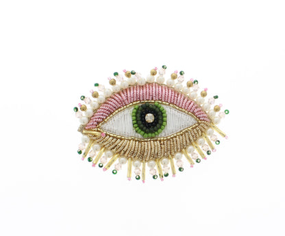 48mm x 67mm Pink and Gold Embroidered Sequin Evil Eye Brooch/Hat Pin, ea