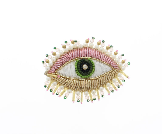 48mm x 67mm Pink and Gold Embroidered Sequin Evil Eye Brooch/Hat Pin, ea