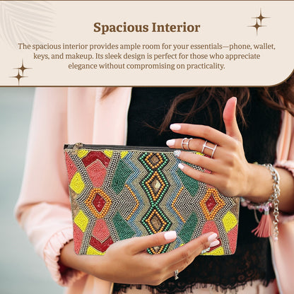 HHH Designs Embroidery Clutch Having Front side Embroidery and Plain Back, Elegant Embroidered Clutch with Front Beading and Crossbody Option