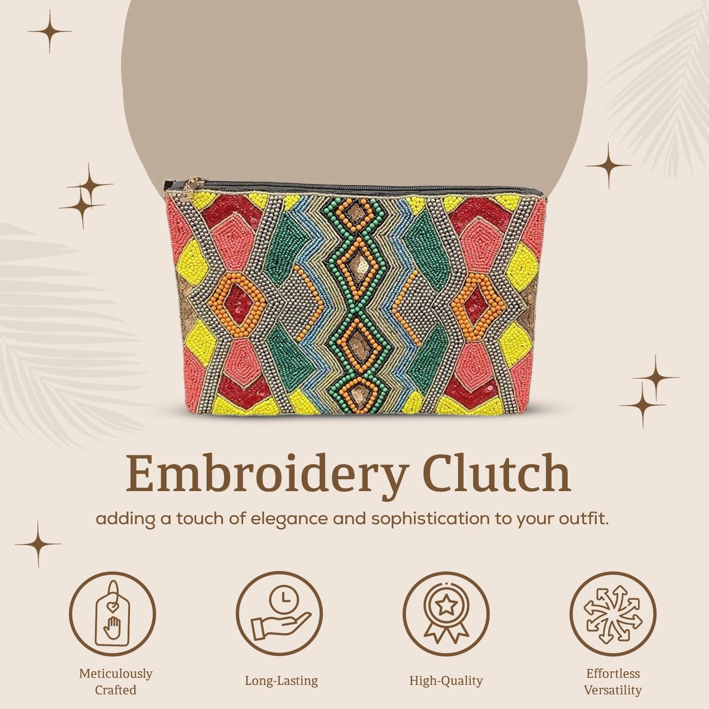 HHH Designs Embroidery Clutch Having Front side Embroidery and Plain Back, Elegant Embroidered Clutch with Front Beading and Crossbody Option