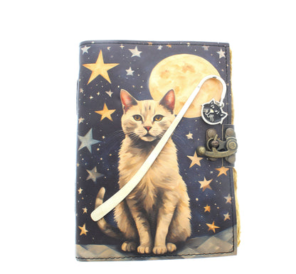 Mystic Cat Leather Journal with Cat Bookmark, each