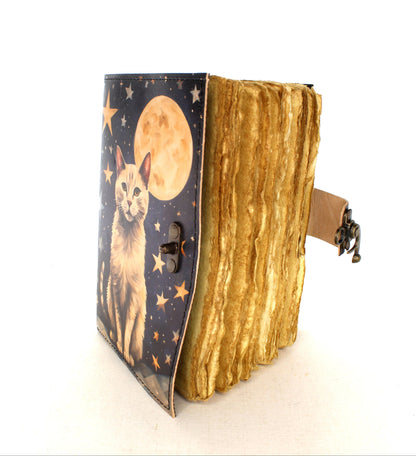 Mystic Cat Leather Journal with Cat Bookmark, each