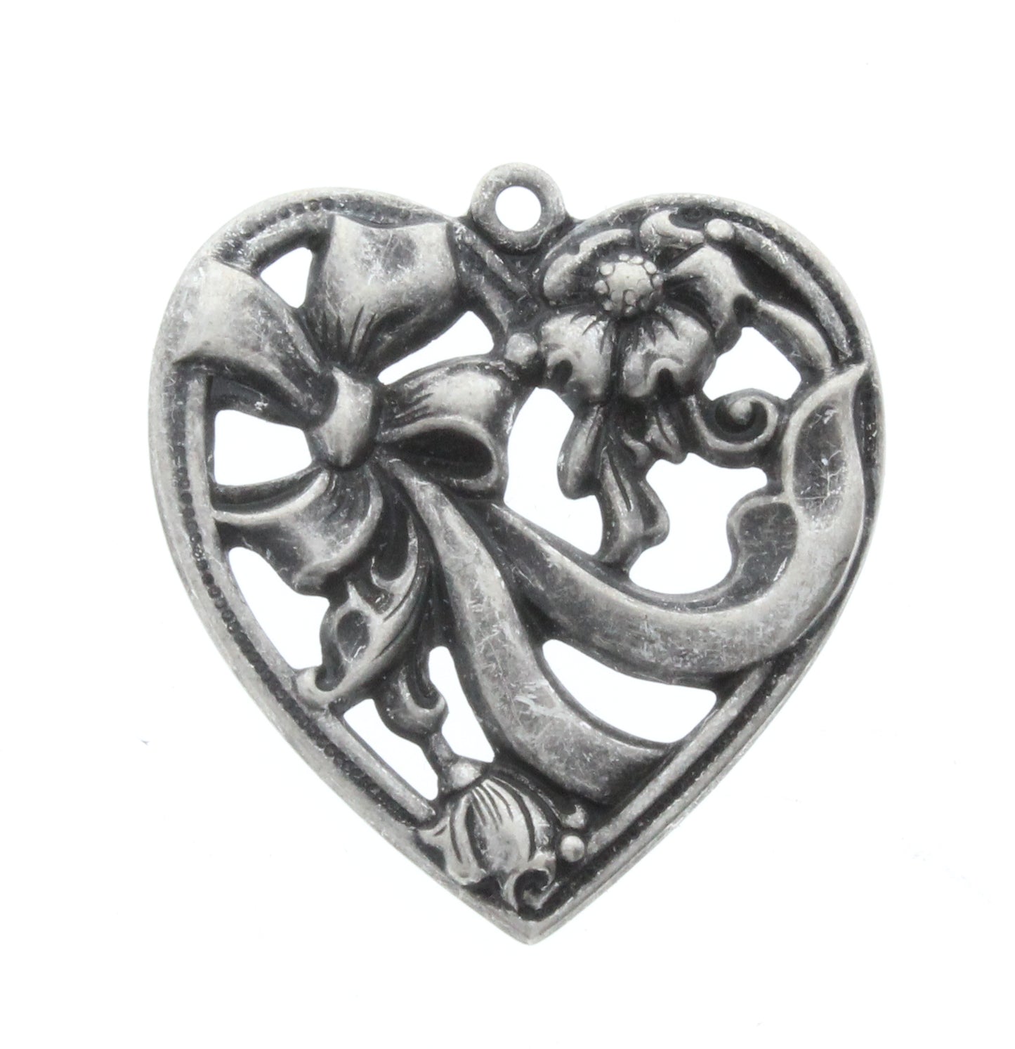 Heart Pendant/Charm w/Bow, 34mm x 36mm, Classic Silver, pk/6