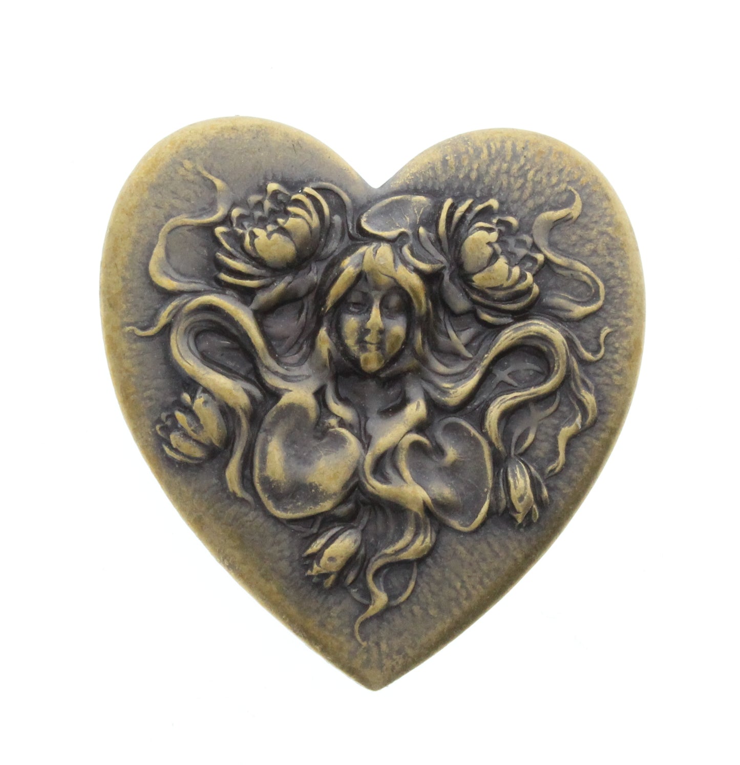 Art Nouveaux Water Lily Mermaid Heart Stamping Charm, Vintage Brass, pack of 3