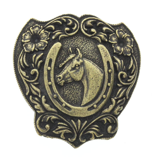 Horse Shoe Medallion Charm, Antique Brass Plating, ea