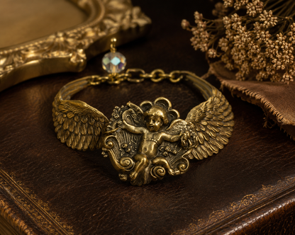 Cherub Feather Wing Bracelet with single faceted crystal bead, Antique Gold or Silver, each