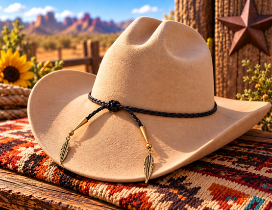 Black Braided Leather Hat Band with Silver Feather Tips, each