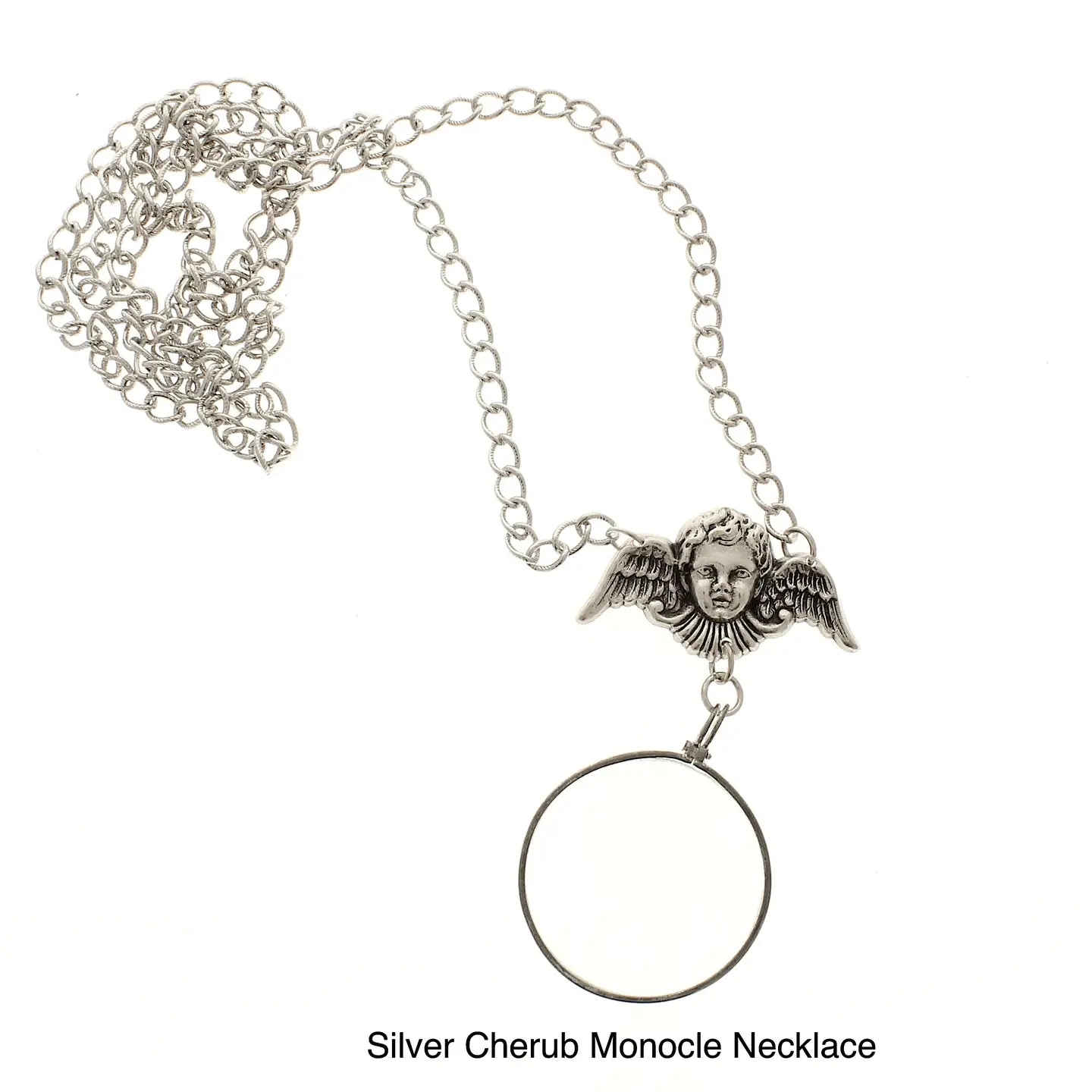 Victorian Style Monocle Magnify Glass Necklaces, Classic Silver, made in USA, each