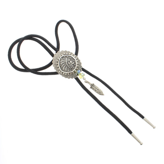 Bolo tie with Native American chief decorative piece and beads and knife