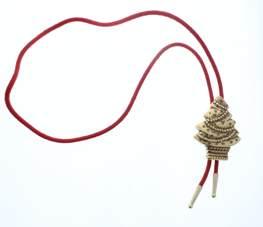 Christmas Tree Bolo Tie with matching tips, Antique Silver, Antique Gold, Silver, Gold, 36" cord red, made in USA, Each