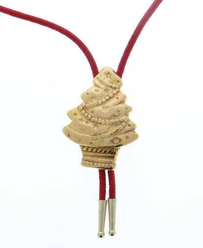 Christmas Tree Bolo Tie with matching tips, Antique Silver, Antique Gold, Silver, Gold, 36" cord red, made in USA, Each