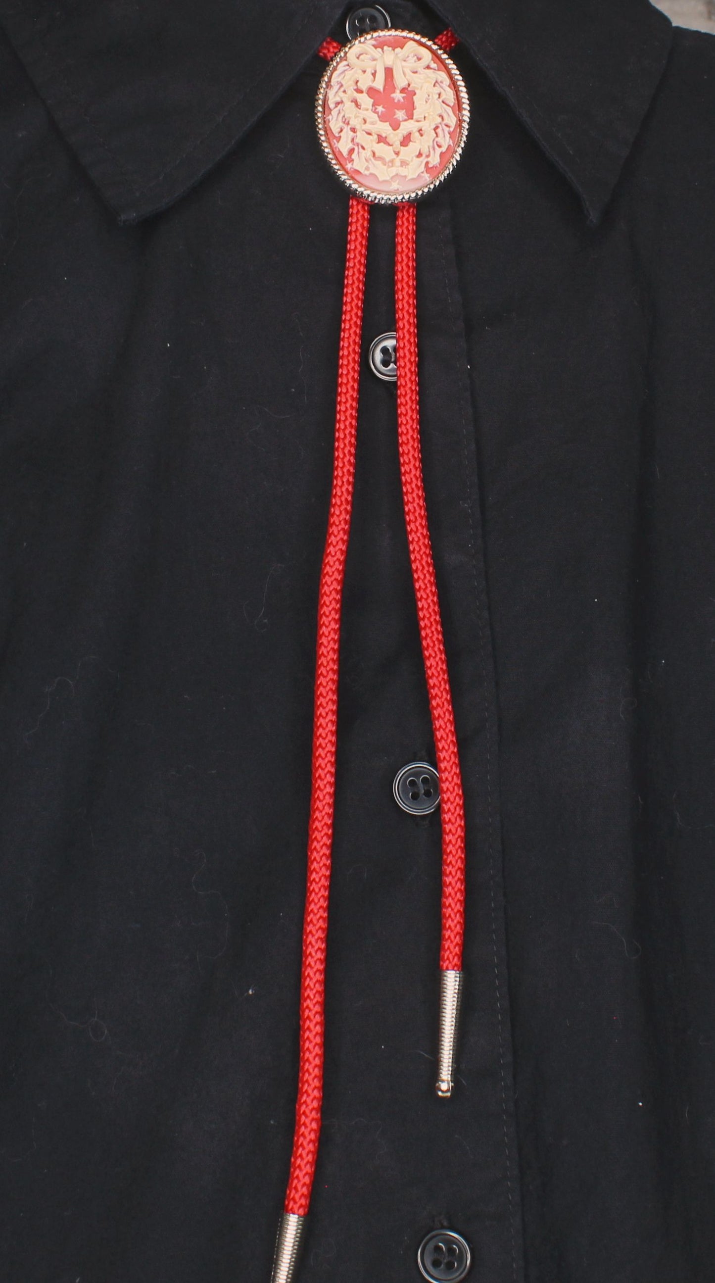 44mm x 35mm Cameo Christmas Wreath Bolo Tie, 36" Red Cord, made in USA, each