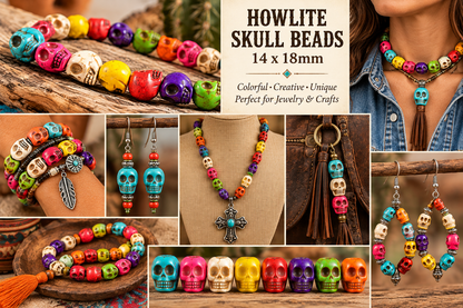 Multicolor Howlite Skull Beads 14x18mm – 16 Inch Strand, Approx. 22 Beads – Colorful Skull Gemstone Beads for Jewelry Making DIY
