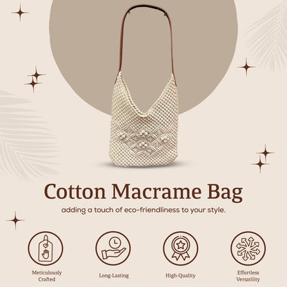 HHH Designs Cotton Macrame Bag with Leather Handle