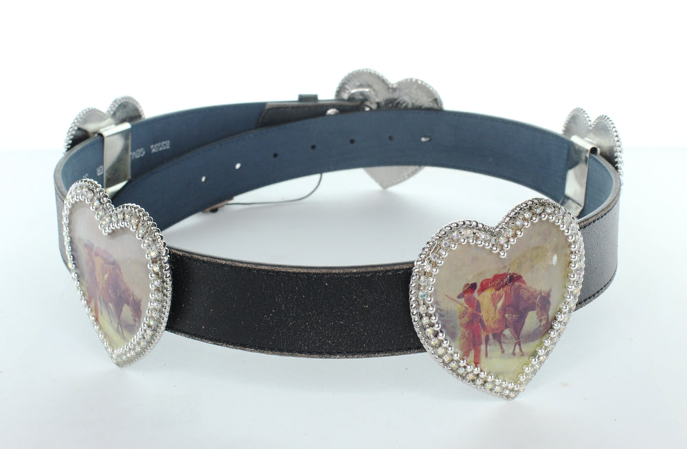 Cowboy Icon Leather Belt, vintage images on 5 heart conchos with crystals, handmade in USA