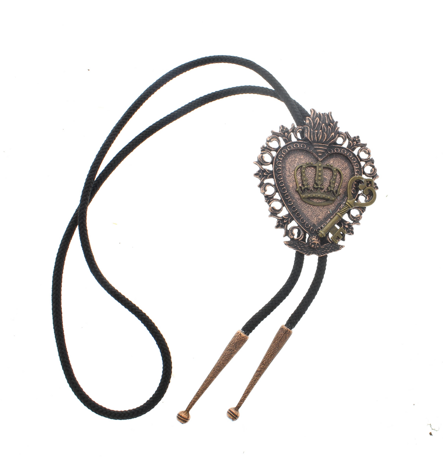 Flaming Heart Pendant with Crown and Key Bolo Tie, each