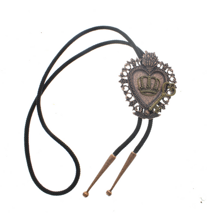 Flaming Heart Pendant with Crown and Key Bolo Tie, each