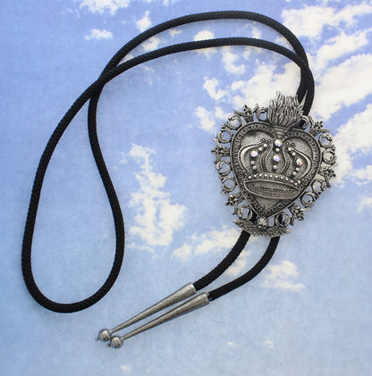 Flaming Heart Bolo Tie with Crown, made in USA, each