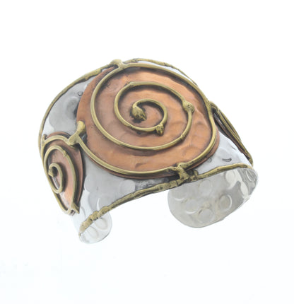 3-Spiral Bracelet Cuff, Antique Silver w/Brass/Copper Inlay, ea