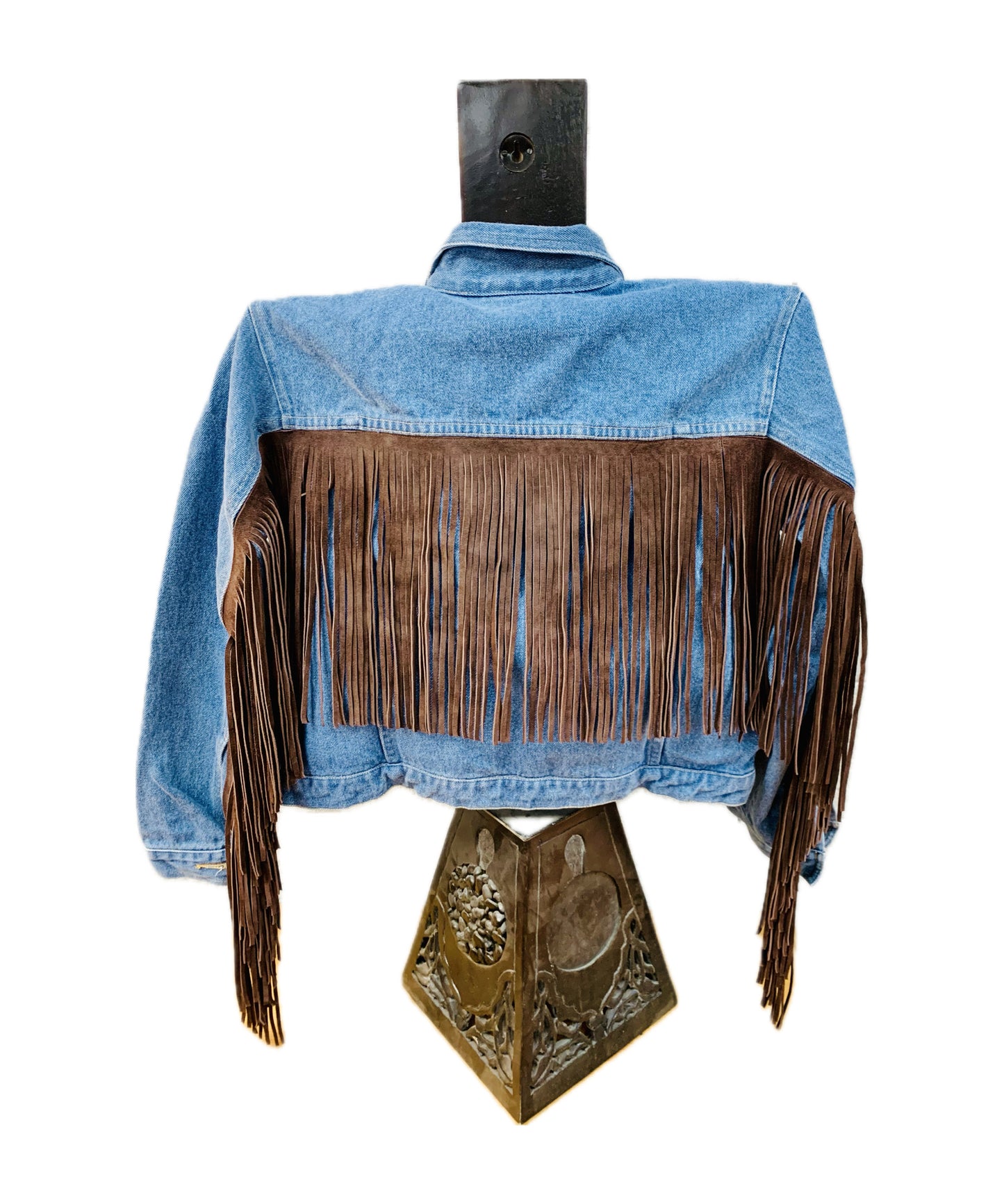 Light or Dark Brown Suede Leather Fringe Denim Jacket, made in USA