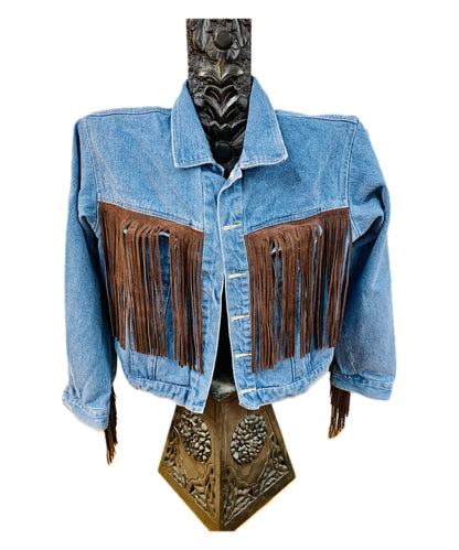 Light or Dark Brown Suede Leather Fringe Denim Jacket, made in USA