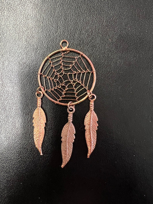 Dream catcher earrings ,feather drops  Copper plated ,pair