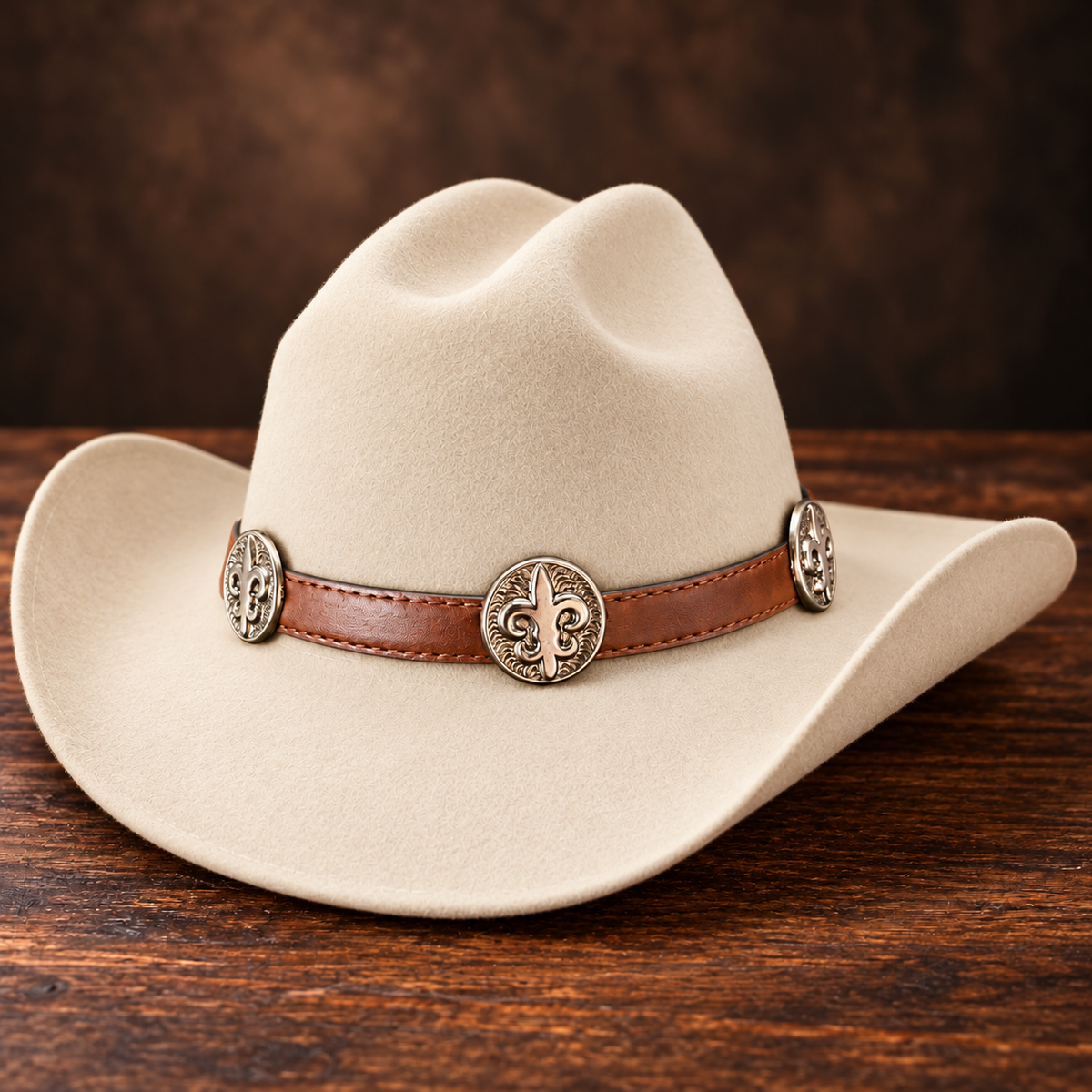 Fleur de Lis Concho Hat Band, Brown Leather with Antique Silver Tone Accents, Western Cowboy Hat or Fedora Accessory