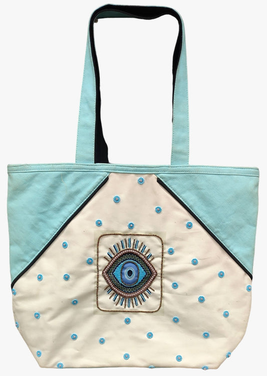HHH Designs Poly Canvas Digital Printed Tote Bag with Evil Eye Print and Beads Embroidery
