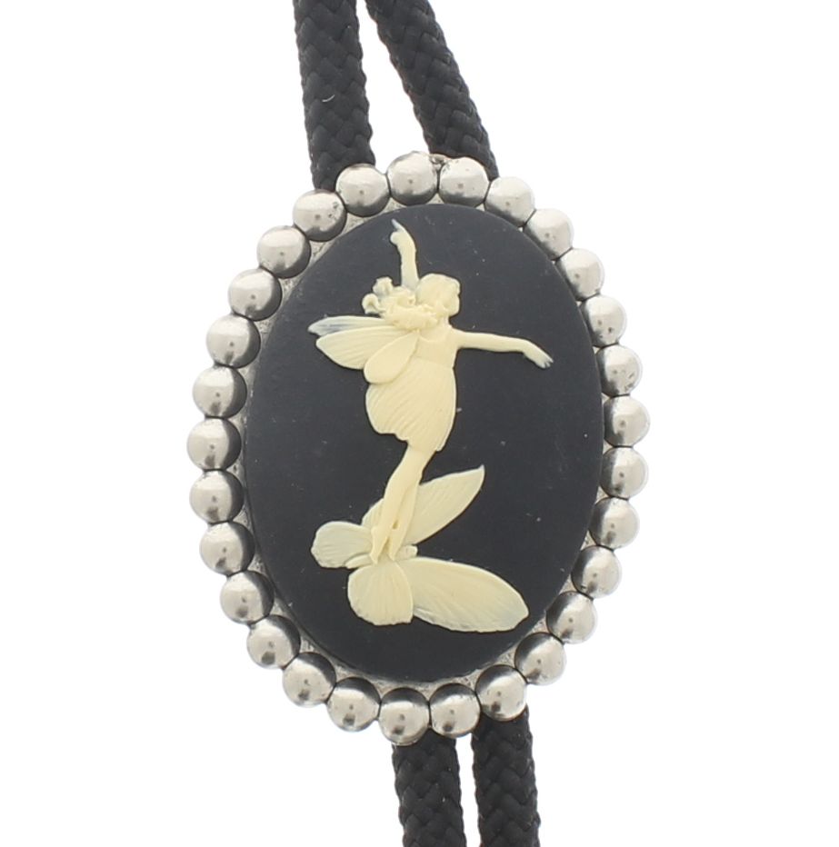 Fairy and Butterfly Cameo Bolo Tie with matching tips, gift bag, black & white, antique silver, 36" Black or Natural Jute, Made in USA, Each