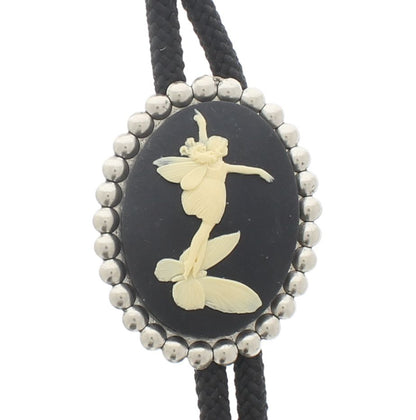 Fairy and Butterfly Cameo Bolo Tie with matching tips, gift bag, black & white, antique silver, 36" Black or Natural Jute, Made in USA, Each