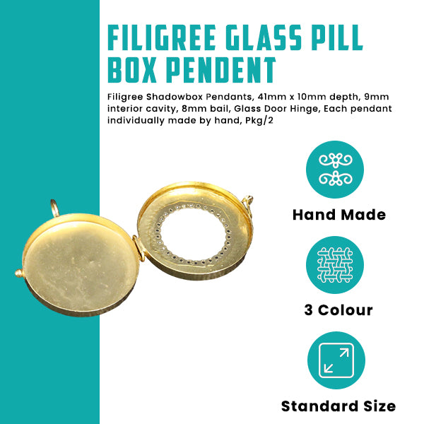 Filigree Glass Pill Box Shadowbox Pendants, 2 ea