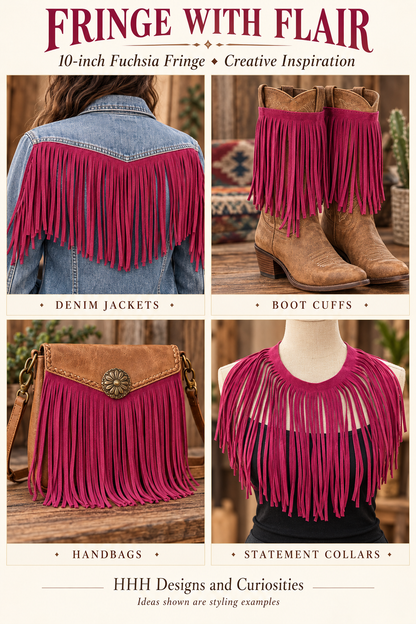Fuchsia Fringe Trim, 10 Inch Long, Western Fringe for Denim Jackets, Boot Cuffs, Bags, Costumes & DIY Fashion